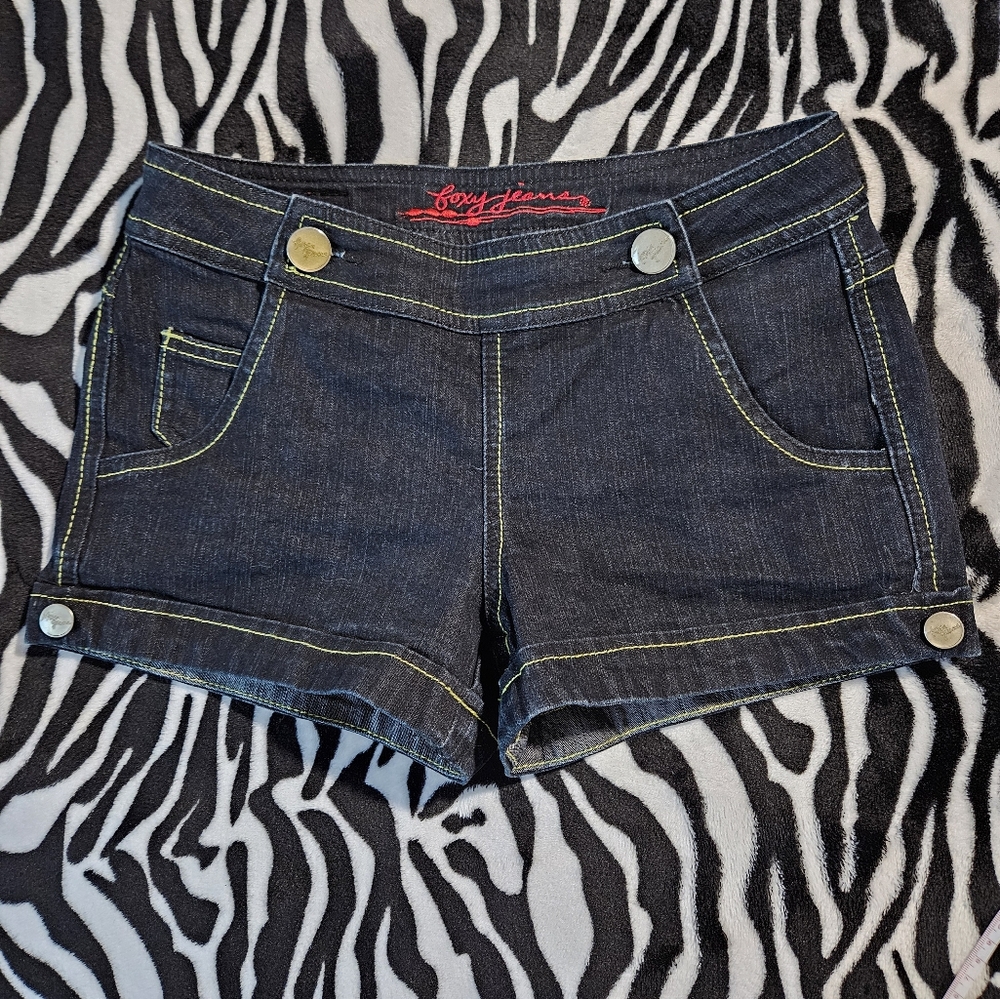 Foxy Jeans Stylish Denim Low Rise Mini Shorts with Button Accents